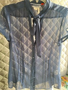 Vintage Esprit Sheer Navy Blue Polka Dot Bow Blouse Top Y2K Mesh S